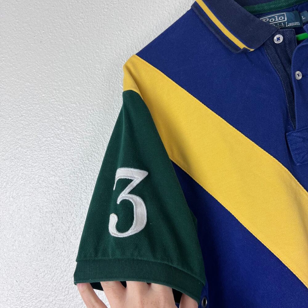 Polo Ralph Lauren Blue Yellow Stripe Big Pony Polo Shirt Classic Fit Size L - Picture 4 of 8